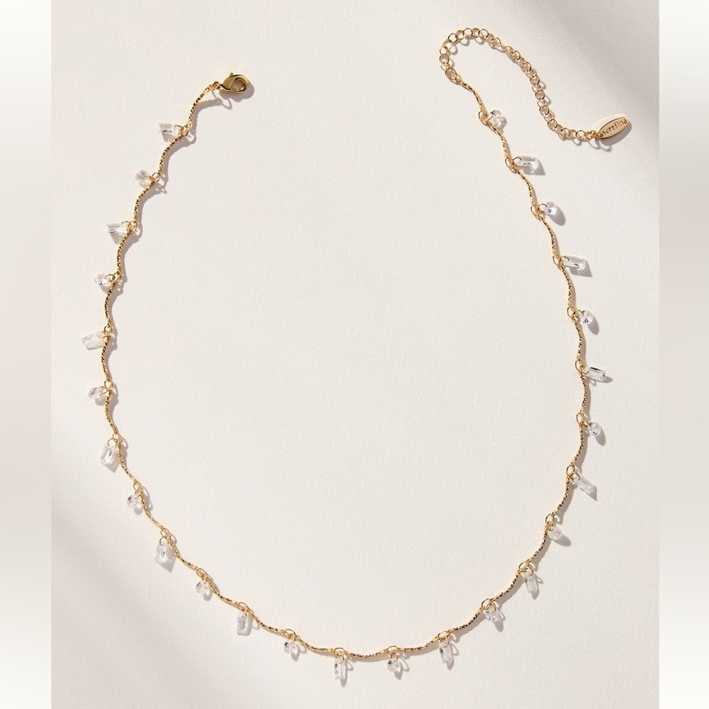 Anthropologie Gold Chain Necklace with Clear Crystal Drops